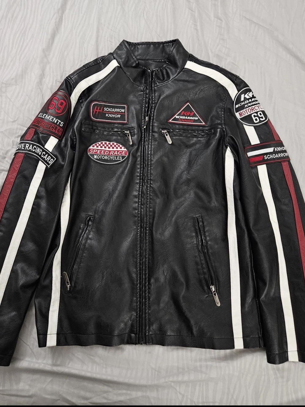 Men's Black Racing-Style Bomber Jacket with White & Red Stripes